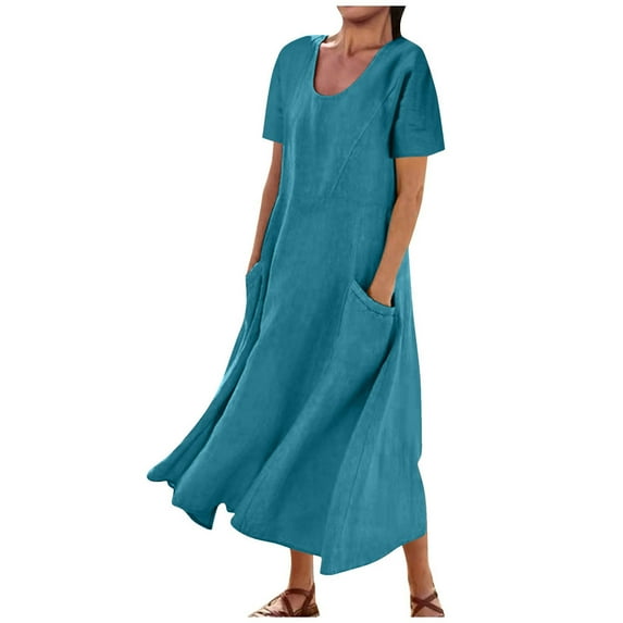 cocolona Womens Summer Linen Dress Fashion Casual Crew Neck Shorts Sleeve Loose Solid Long Maxi Dress Beach Dress with Pockets