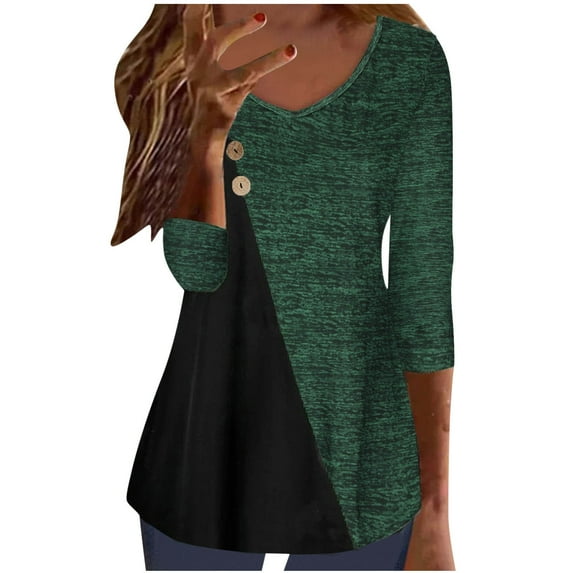 Colorblock Long Sleeve V Neck Tops for Women Tunic Shirts Casual Loose Pullover Blouses Green,L