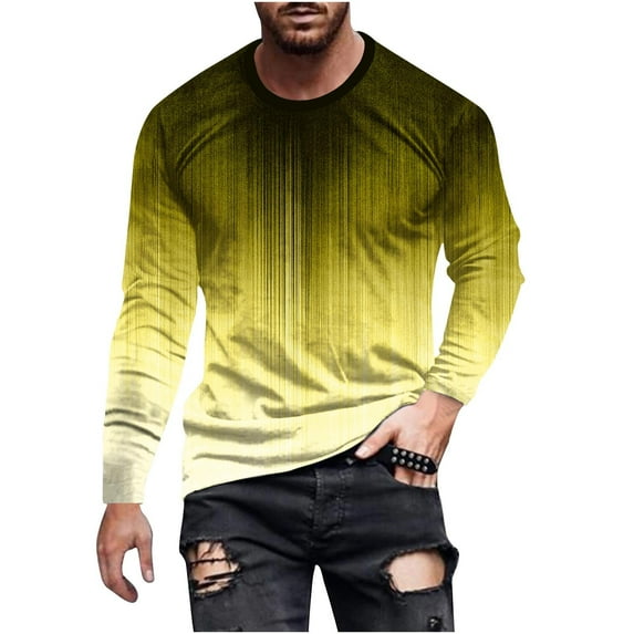 Cotton Gradient Color Long Sleeve Crewneck Tops for Men Plus Size Comfy Pullover 3D Print T Shirts Yellow,XL