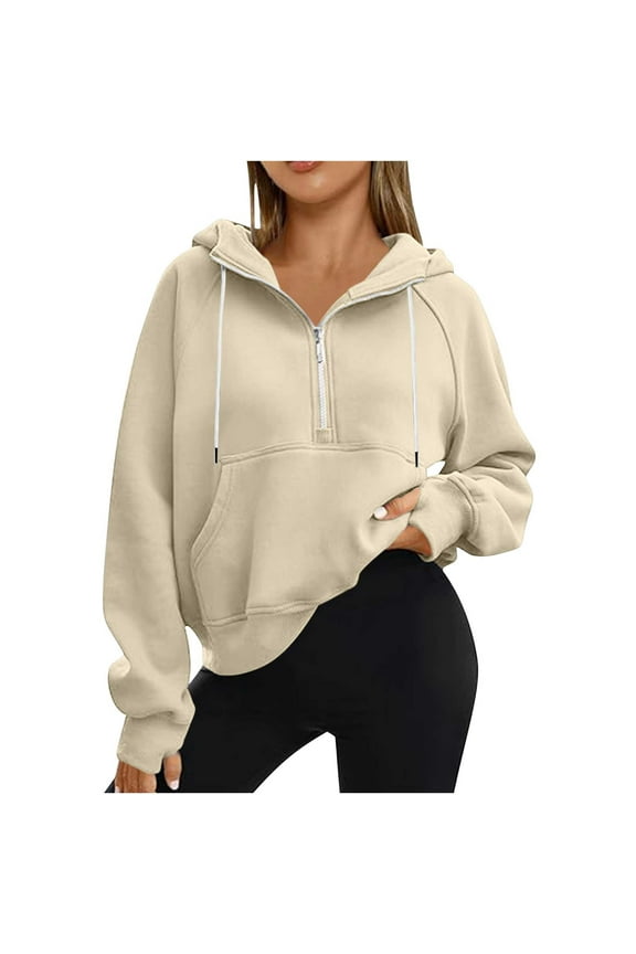Cotton Hoodies Half Zip Drawstring Plain Hooded Pullover Crop Sweatshirts with Front Pocket Workout Clothes (XL, Khaki)