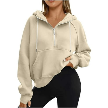 Savings Cotton Hoodies Half Zip Drawstring Plain Hooded Pullover Crop Sweatshirts with Front Pocket Workout Clothes (XL, Yellow)