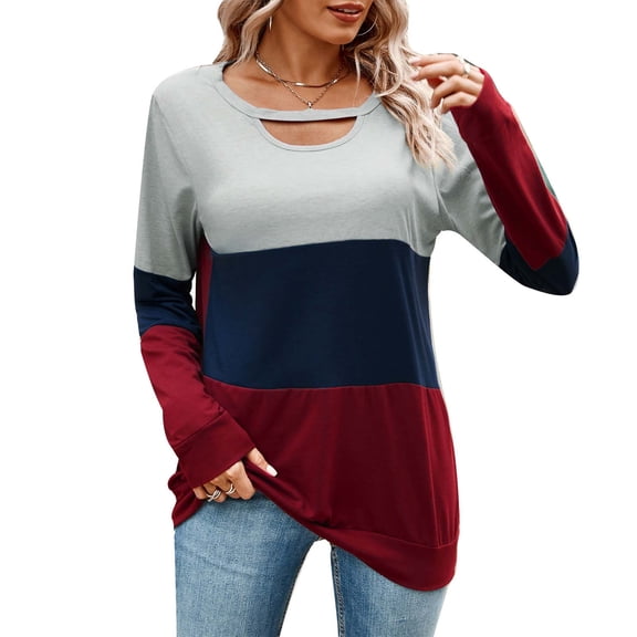 Cotton Long Sleeve Hollow Out Round Neck Colorblock Patchwork Casual Long Tunic Pullover Tops Women Fall T Shirts