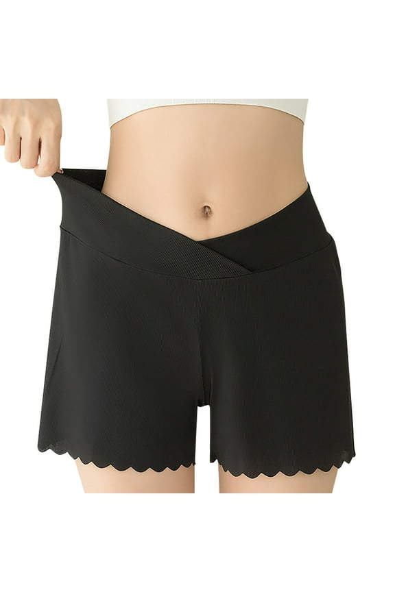 Cross-Over Yoga Shorts Over The Belly Scallop Hem Summer Active Workout Short Maternity Pants with Pockets Womens (XL, Black)