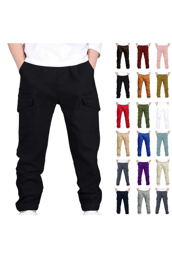 4-13Years Boys And Girls Childrens Sports Cargo Pants Stretch Elastic Waist School Kids Twill Joggers Black 7 Years