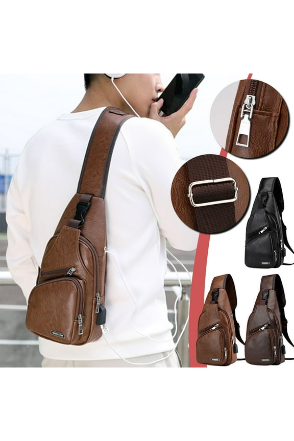 Crossbody Sling Bag Chest Shoulder Backpack with USB and Headphone Port PU Leather Travel Daypack for Men Women Hiking Camping Daily Commute Organizer