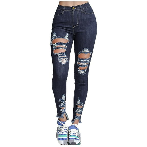 Distressed Denim Pants for Women High Waist Hem Jeans with Pockets Winter Solid Color Lounge Stretchy Skinny Trousers