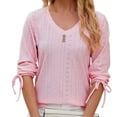 thumbnail image 1 of Drawstring 3/4 Sleeve Tops for Women V Neck Lace Up Mesh Hole Tunic Shirt Buttons Trim Slim Fit Casual Solid Blouses Pink,L, 1 of 6