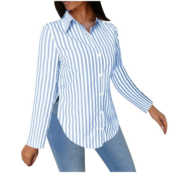 Savings Dress Shirts for Women Trendy Long Sleeve Striped Lapel Collar Button Down Tunic Blouses with Side Split (L, Light Blue)