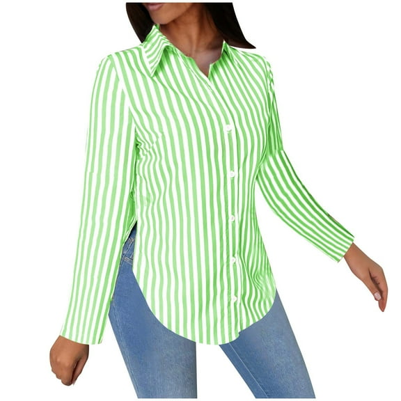 Dress Shirts for Women Trendy Long Sleeve Striped Lapel Collar Button Down Tunic Blouses with Side Split (S, Green)