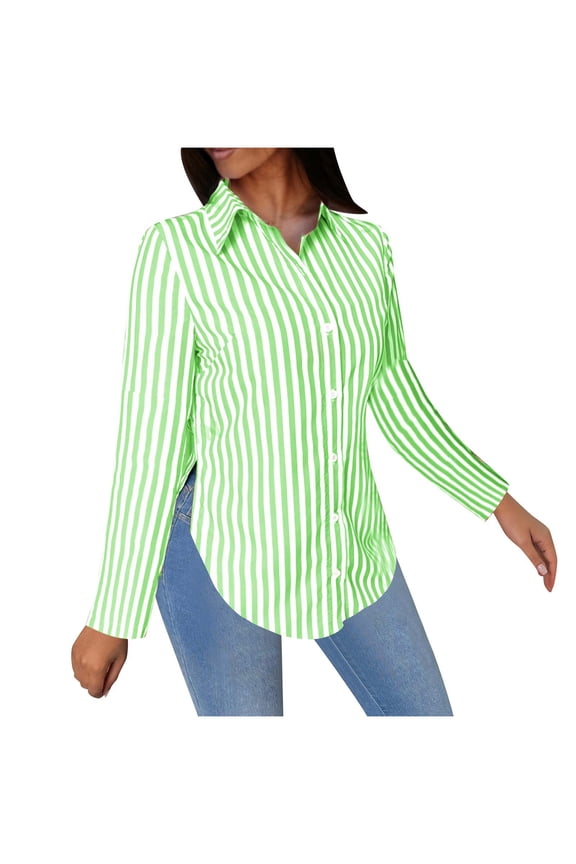 Dress Shirts for Women Trendy Long Sleeve Striped Lapel Collar Button Down Tunic Blouses with Side Split (XL, Green)
