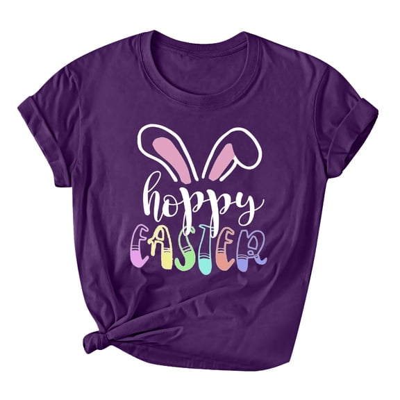 Easter Women Short Sleeve Shirts Casual Round Neck Cute Print Tee Summer Lightweight Pullover Tops (S, B Purple)