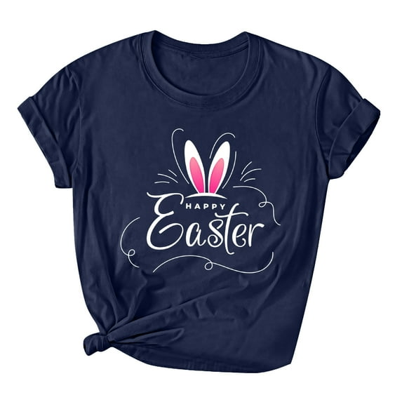 Easter Women Short Sleeve Shirts Casual Round Neck Cute Print Tee Summer Lightweight Pullover Tops (XL, A Navy)