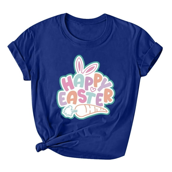 Savings Easter Womens Short Sleeve Shirts Casual Round Neck Cute Print Tee Summer Lightweight Pullover Tops (2XL, B Blue)