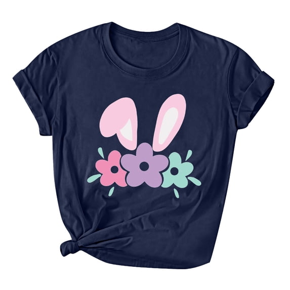 Savings Easter Womens Short Sleeve Shirts Casual Round Neck Cute Print Tee Summer Lightweight Pullover Tops (L, A Navy)