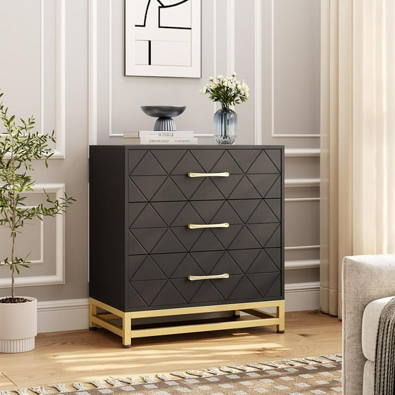 Savings Event Black Sleek 3-Drawer Modern Dresser – Stylish Black Nightstand with Gold Handles for Bedroom, Closet, and Office Storage