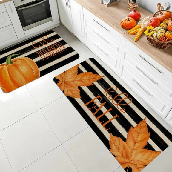Fall Kitchen Rugs and Mats Set of 2 Thanksgiving Halloween Kitchen Rug Non Slip Backing Fall Decorations for Home Seasonal Farmhouse Fall Holiday Autumn Kitchen Floor Mat