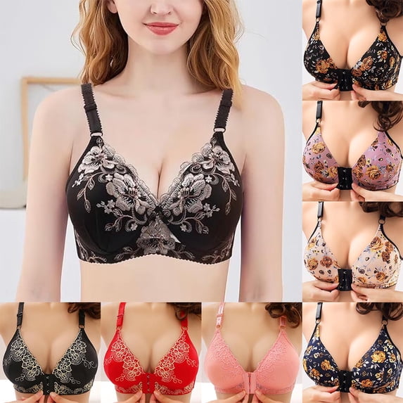 Fatuov Push-Up Bras for Women Plus Size Wireless Bras for Everyday Lace Embroideries Bralette Spaghetti Straps Comfort Bras 36A