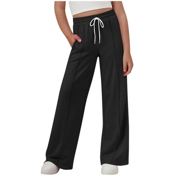 Savings Girls High Waisted Wide Leg Pants Lace-Up Elastic Waist Trousers with Pockets Flowy Lightweight Pantaloons for Kids 4-15Y