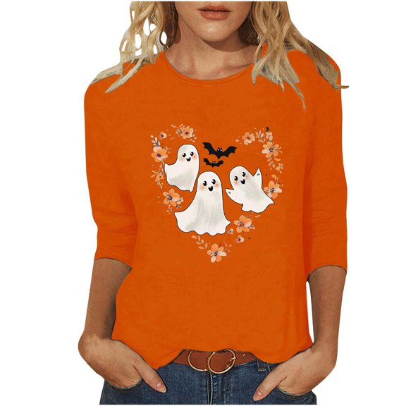 Graphic T Shirts for Women 3/4 Length Sleeve Tops Crewneck Ghost Pumpkin Printed Halloween Festival Outfit (L, Orange 01)