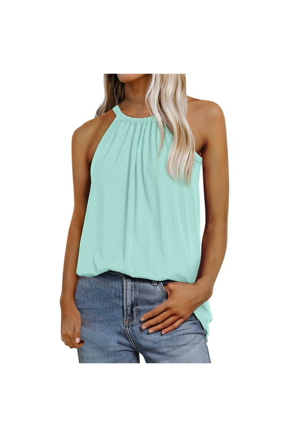 Halter Tops for Women Sleeveless High Neck Pleated Off Shoulder Tees Casual Solid Summer Blouses (2XL, Light Blue)