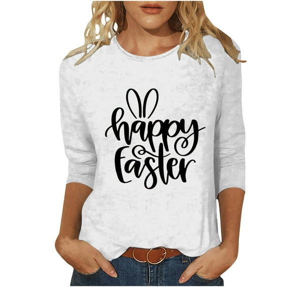 Happy Easter 3/4 Sleeve Round Neck Shirt Women Casual Cute Print Tee Basic Pullover Tops T-Shirt (XL, A White)
