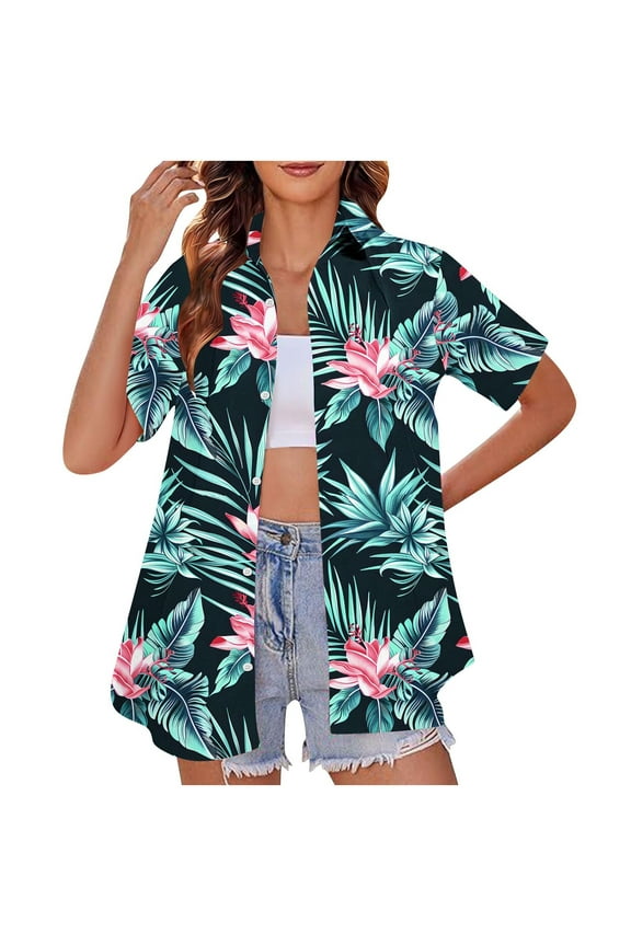 Hawaiian Shirts for Women Basic Collared Tee Shirt Coconut Palm Hawaii Style Tunic Blouses Button Down Short Sleeve Blouses Summer Beach Shirt Tropical Shirts Loose Flowy Vacation Clothes