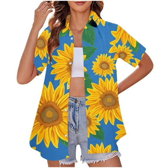 Hawaiian Shirts for Women Basic Collared Tee Shirt Coconut Palm Hawaii Style Tunic Blouses Button Down Short Sleeve Blouses Summer Beach Shirt Tropical Shirts Loose Flowy Vacation Clothes