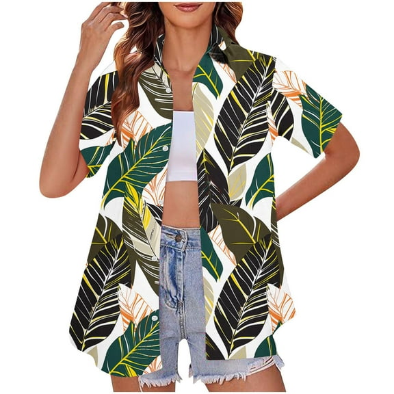 Hawaiian Shirts for Women Basic Collared Tee Shirt Coconut Palm Hawaii Style Tunic Blouses Button Down Short Sleeve Blouses Summer Beach Shirt Tropical Shirts Loose Flowy Vacation Clothes