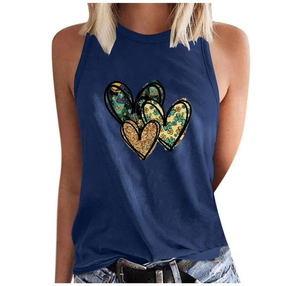 High Neck Tank Tops for Women Summer Sleeveless Cute Heart Print Tops Casual Loose Trendy Shirts (2XL, Navy)