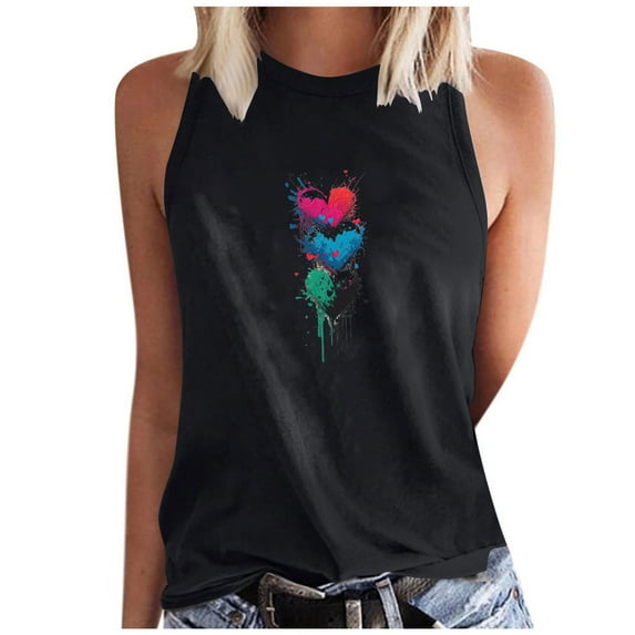 High Neck Tank Tops for Women Summer Sleeveless Cute Heart Print Tops Casual Loose Trendy Shirts (L, Black)