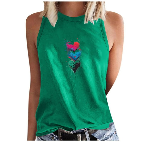 High Neck Tank Tops for Women Summer Sleeveless Cute Heart Print Tops Casual Loose Trendy Shirts (M, Green)