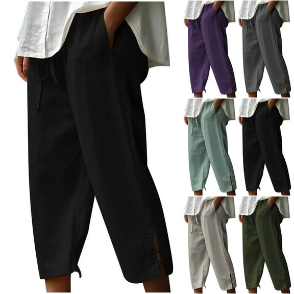 Horkkom Casual Pants for Women Elastic Waist with Pockets Plus Size Cotton Capri Pants Summer Loose Solid Color Pants, Gifts for Women