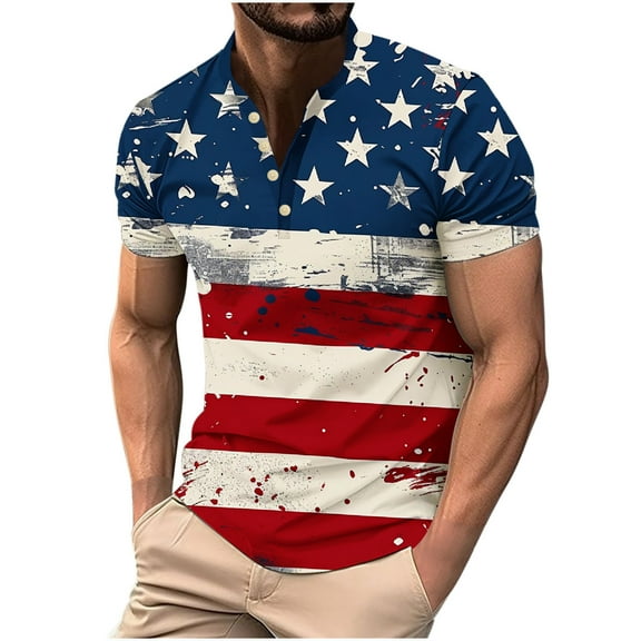 Independence Day Shirts For Men锛孲ummer Men's Henley Neck Short Sleeve Tee Button Down Shirts Usa Flag Star Stripe Tops Pullover Sweater Blouses Ultra Soft T-Shirts