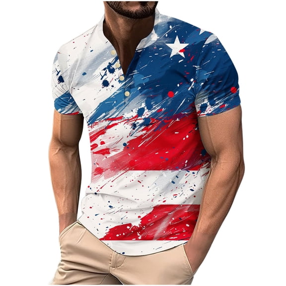 Independence Day Shirts For Men锛孲ummer Men's Henley Neck Short Sleeve Tee Button Down Shirts Usa Flag Star Stripe Tops Pullover Sweater Blouses Ultra Soft T-Shirts