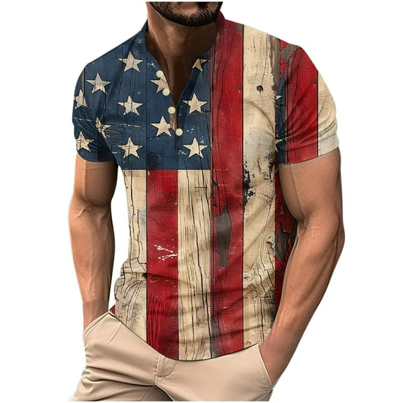 Independence Day Shirts For Men锛孲ummer Men's Henley Neck Short Sleeve Tee Button Down Shirts Usa Flag Star Stripe Tops Pullover Sweater Blouses Ultra Soft T-Shirts