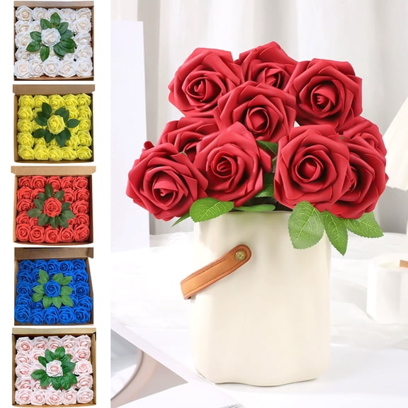 Kcavykas 25PCS Artificial Rose Flower Set, Faux Roses with Stems, Wedding Bouquet for Valentine's Day and Bridal Showers