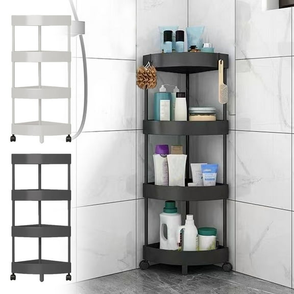 Kcavykas Metal Storage Rack for Kitchen Bathroom Corner Storage Shelf 4-Tier Rolling Organizer with Drainage Holes Detachable Shower Rack for Small Spaces