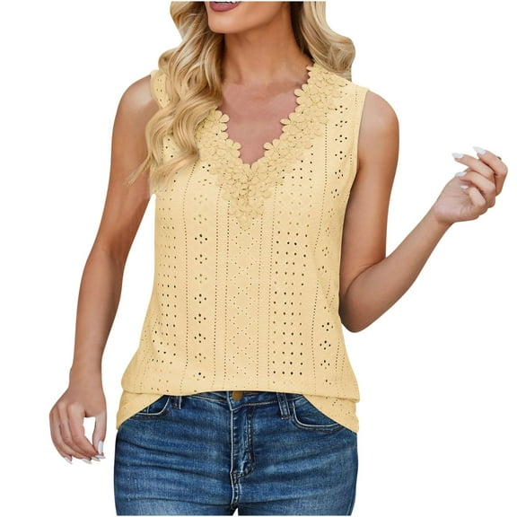 Lace V Neck Tank Tops for Women Sleeveless Casual Going Out Blouses Summer Loose Tunic Shirts (M, Yellow)