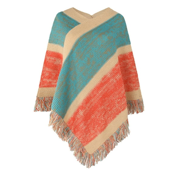 Ladies Loose Fall Fringe Cape Casual Colorblock V Neck Mid Length Tassel Striped Poncho Knitted Shawl Wrap Women