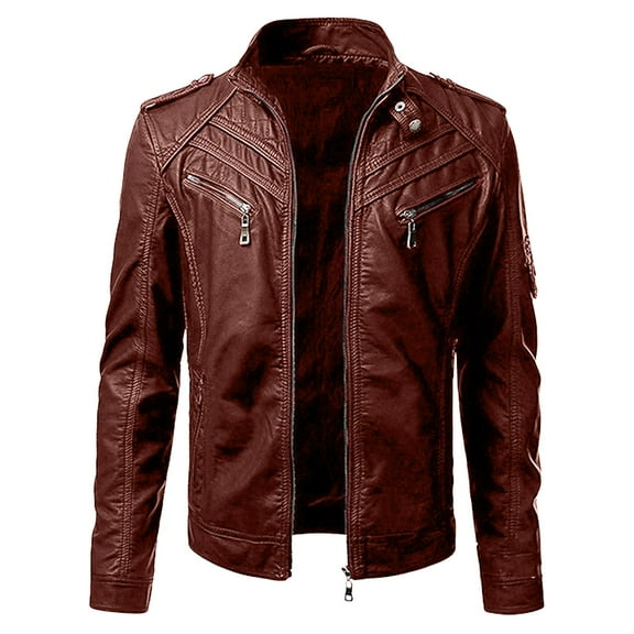 Leather Jacket for Mens Punk Long Sleeve Stand Collar Motorcycle Zipper Winter Jacket with Pocket Warm Windproof Coat