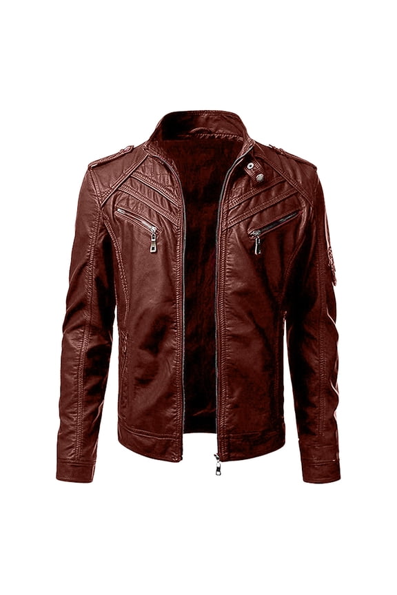 Leather Jacket for Mens Punk Long Sleeve Stand Collar Motorcycle Zipper Winter Jacket with Pocket Warm Windproof Coat