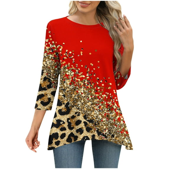 Leopard Print Tunic Tops for Women Scooped Neck 3/4 Sleeve Shirts Irregular Hem Tees Vintage Printed Tee Shirts Dressy Causal Tunic Blouses Summer Outfits 2025