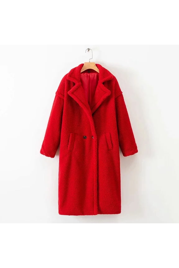 Long Cardigan Open Front Sweater Lapel Button Solid Color Winter Thermal Coat (M, Red)