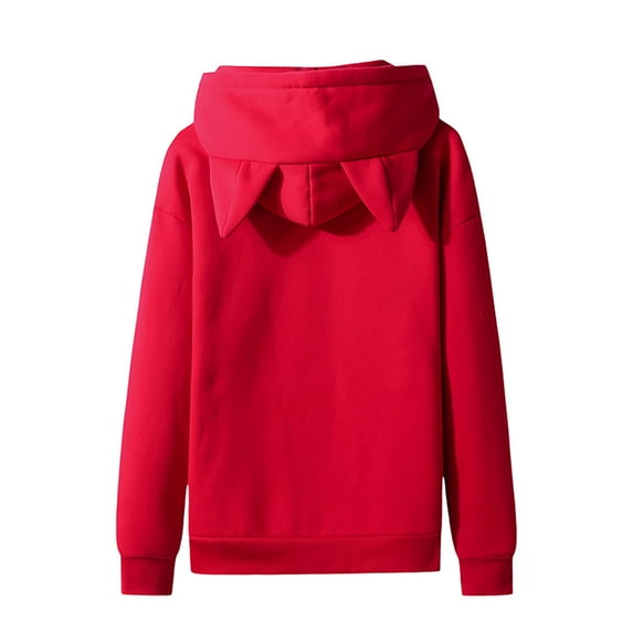 Men's Casual Solid Hooded Tops Long Sleeve Fleece Lined Sweatshirts Ears Hood Kangaroo Pockets Pullovers Red,XL