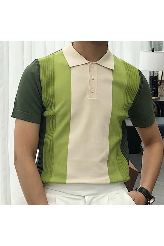Men's Short Sleeve Polo Shirt Knit Striped Lapel Shirt Tops