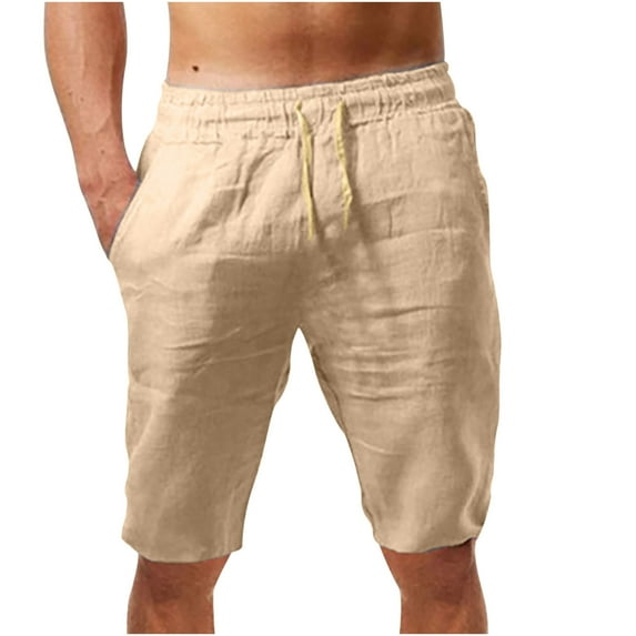 Mens Linen Short Pants Knee Length Lightweight Elastic Waist Comfy Wide Leg Beach Sweatpants Shorts with Pockets