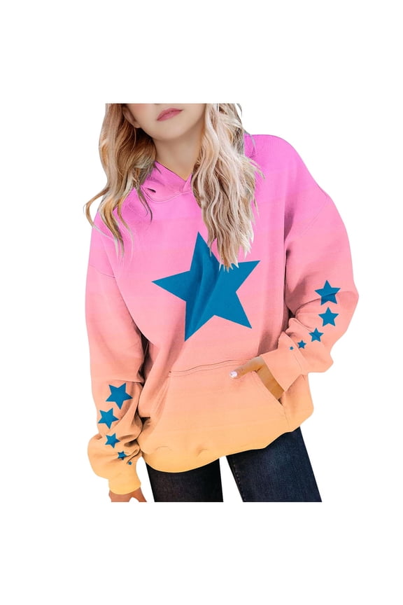 Cute Hoodies for Teen Girls Oversized Star Print Hooded Sweatshirts Casual Loose Long Sleeve Pullover Top 4-14 Years Pink 160