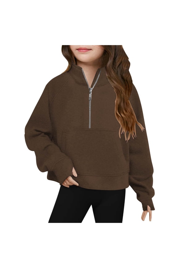 Girls Half Zipper Sweatshirts Cute Trendy Fall Pullover Crop Tops for Teen Girls Long Sleeve Sweater Clothes Thumb Hole Brown 150/11Y