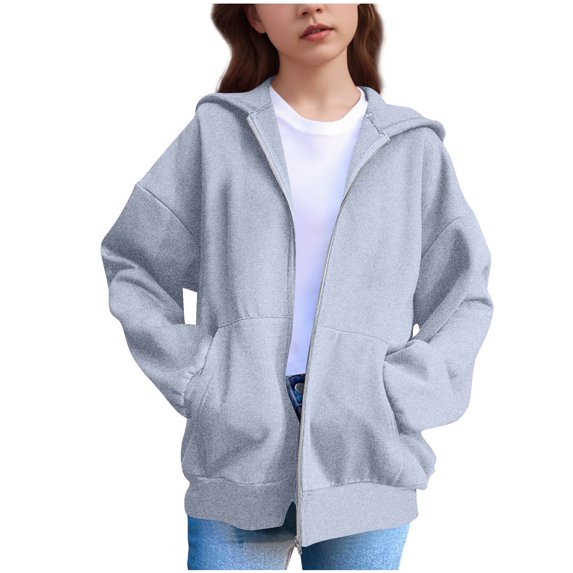 Savings Mwjwdo Zip Up Hoodies for Kids Casual Long Sleeve Sweat Jacket with Ear Hoodie Boys Girls Solid Color Sweatshirt Fall Top Gray 170