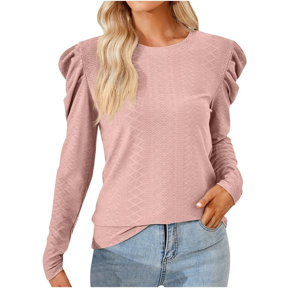 Savings O-Neck Casual Pullover for Women Solid Color Puff Long Sleeve Tops Trendy Classic-Fit Blouse